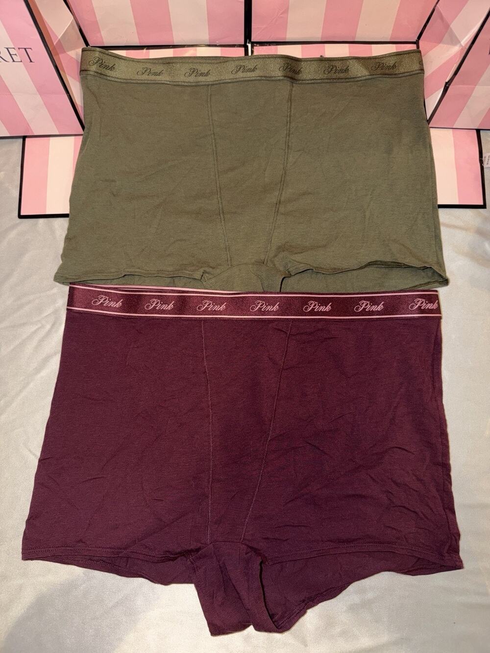 Victorias Secret PINK Boyshort Boxer XXL 2 Pair Adorable Green/Burgundy
